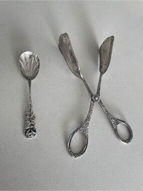 Ornate Silver Plated Serving Spoon and Tongs
